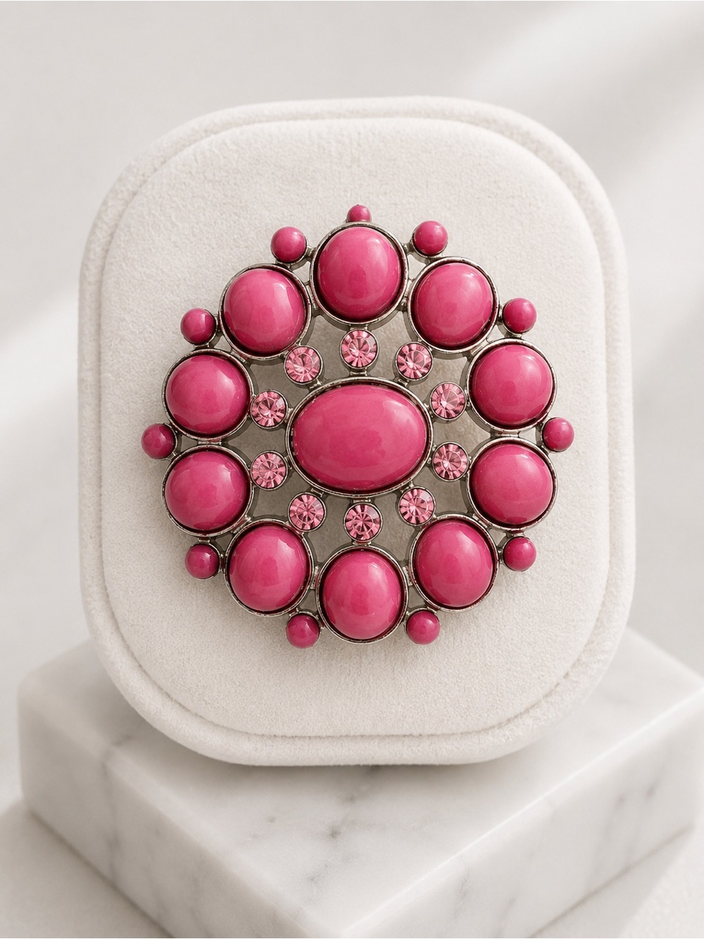 Boutique Pink Rhinestone Statement Brooch Silver Tone Vintage Floral Pin NWT